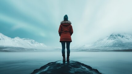 A lone individual wearing an orange jacket stands atop a rock, surrounded by a breathtaking snowy mountain landscape and a serene, frozen body of water under a blue sky.