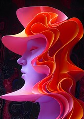 Wall Mural - A woman's face is shown with a pink hat and orange hair. The image has a surreal and dreamlike quality, with the woman's features and the hat appearing to be made of paper