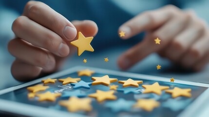 User scrolling through app ratings, focus on stars, 3D illustration