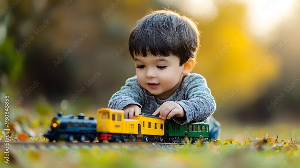 A young boy is playing with a toy train set outside. The train has a ...