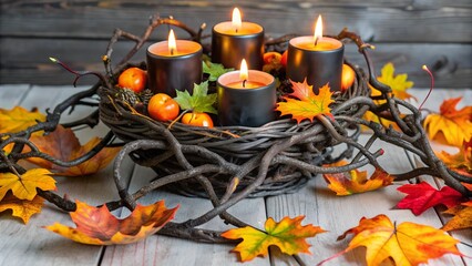 Rustic autumn candle arrangement with glowing flames illuminating vibrant leaves and mini pumpkins on weathered wood