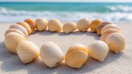 Canvas Print - A heart shaped shell arrangement on the beach with ocean in background, AI