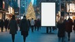 © Johannes - Blank white mock-up portrait billboard sign city. path street Christmas tree crowd advertising board template marketing signage urban design promotional xmas shopping poster roadside holiday people ad