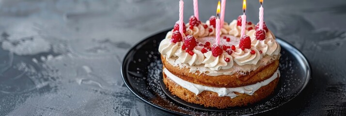 Poster - Homemade banana birthday cake on a black ceramic plate adorned with pink candles, featuring a close-up view and crisp shadows.