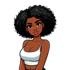 Wall Mural - Vector illustration of a young woman with voluminous curly hair, wearing a white crop top, expressing confidence and modern fashion.