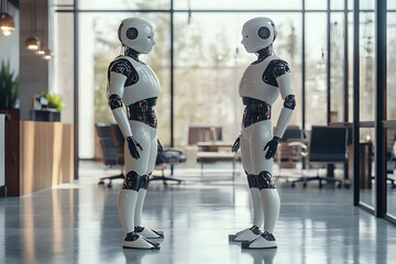 2 futuristic ai robots standing in a bright lobby and chatting during lunch break