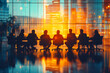 © StockLab - Team meeting in an office in the late afternoon, silhouettes of company employees and coworkers sitting around the table and discussing business and economy