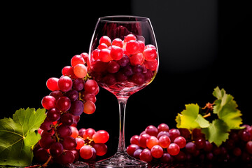 Presentation of a wine goblet featuring pure wine alongside fresh grapes on a thematic table.