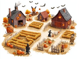 A Halloween harvest festival map, corn mazes, spooky scarecrow fields, and eerie barns, festive and eerie, isolated on white background
