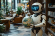 © StockLab - Ai android robot in a modern futuristic clean office standing and holding a globe