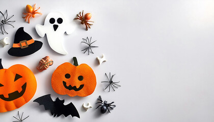 Wall Mural - top view halloween crafts including orange pumpkin ghost bat spider white background space text