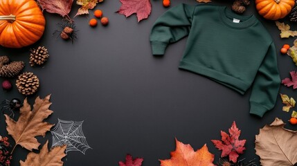 an emerald sweatshirt is centrally placed with halloween decorations, pumpkins, and autumn leaves in