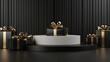 © Johannes - studio 3D With podium white clean, and gift boxes black and gold, and with copy space, black Friday promotions posters, contemporary.