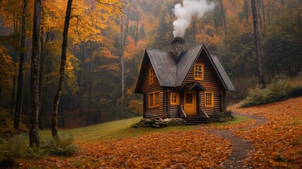 Sticker - A small cabin in the woods with a smoke coming out of it, AI