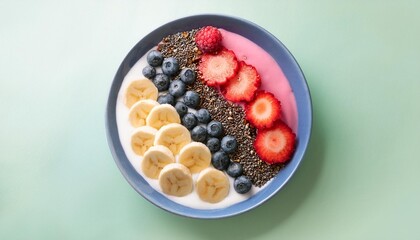 Wall Mural - lose up of a healthy vegan breakfast a plate with healthy superfood fresh berries fruit yogurt chia seeds granola and banana slices on pastel table