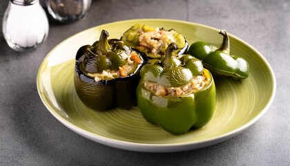 stuffed green bell pepper and eggplant with olive oil on stone table