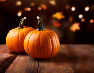 two pumpkins wooden table halloween autumn food theme background