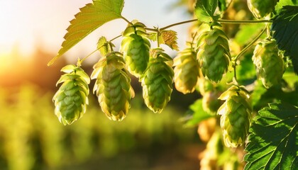 Wall Mural - sunlit green hops buds ready for harvest in field