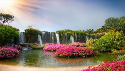 Wall Mural - paradise land with beautiful gardens waterfalls and flowers magical idyllic background with many flowers in eden generative ai