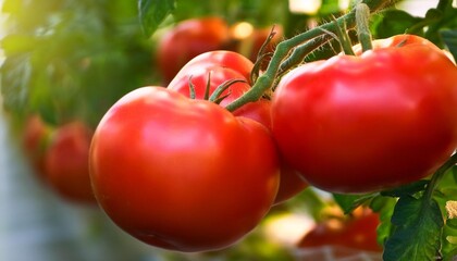 Wall Mural - closeup of cluster of ripe red plum tomatoes in green foliage on bush growing of vegetables in greenhouse high quality fullhd footage high quality fullhd footage