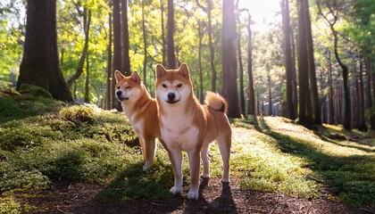 two shiba inu dogs in a sun dappled forest