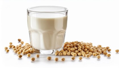 a glass of soy milk with soybeans scattered around isolated on white background