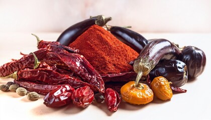 Wall Mural - eastern spices sun dried paprika peppers pods and eggplants fruits