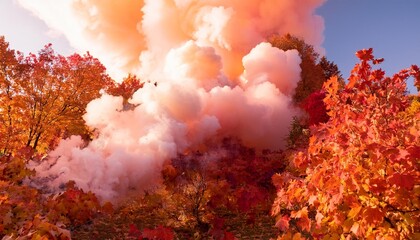 Wall Mural - in a spectacle of nature s transition autumn leaves and smoke bomb evoke an enigmatic beauty