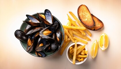 Wall Mural - mussels overhead shot with french fries lemon and toasted bread