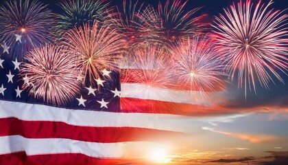 Wall Mural - fireworks exploding over the american flag at dusk background