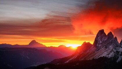 Wall Mural - mountain on fire red burning sunset behind dolomite mountains