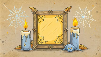 Ornate Wooden Frame with Candles and Cobwebs