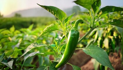 Wall Mural - green chili on a chili plant with green leaves growing in a field