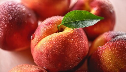 Wall Mural - a cluster of peaches with water droplets glistening on their surfaces and a solitary green leaf protruding from one