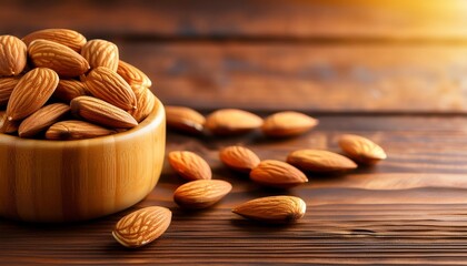 Wall Mural - almonds in a wooden bowl on the brown wooden table for banner