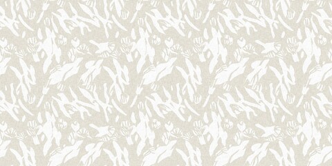 Wall Mural - Seamless french gender neutral floral linen printed fabric border background. Light mottled white on grey cottage core block print pattern. Shabby chic woven duotone cloth effect. 