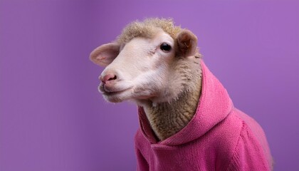 a stylish sheep with fluffy wool dressed in a pink hoodie against a purple background