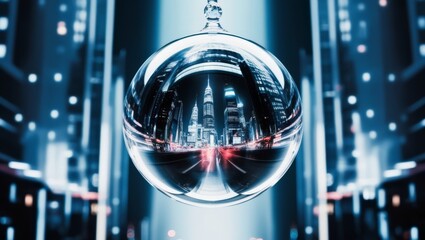 Wall Mural - A crystal ball reflecting a vibrant cityscape at neon night with blurred lights and urban architecture.