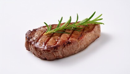 Wall Mural - a steak topped with a sprig of rosemary atop a pristine white surface