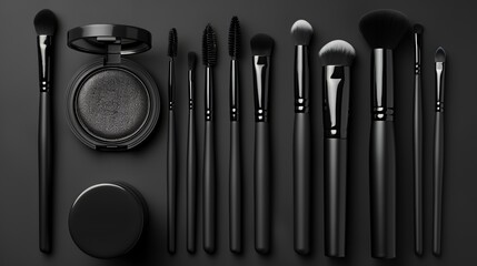 Wall Mural - A collection of black makeup brushes and products arranged neatly on a dark surface.