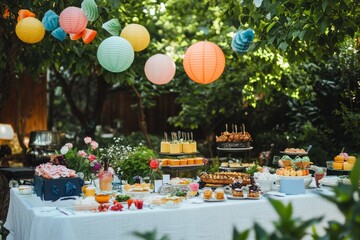 A beautifully decorated garden party featuring colorful lanterns, a lavish spread of desserts and snacks, and lush greenery. This image captures the essence of celebration, joy, and outdoor entertaini