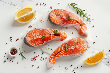 Two pieces of salmon with herbs and spices on top of a white table