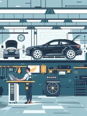 Poster - A mechanic performs a computer diagnosis on a vehicle while working on engine repairs in a well-equipped automotive shop. Generative AI