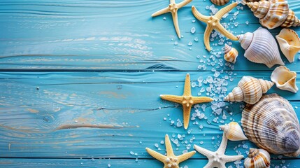 Seashells and Starfish on a Blue Wooden Background with copy space