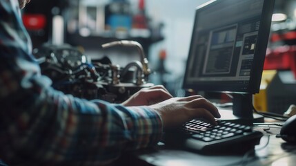 Poster - A mechanic uses a computer to conduct diagnostics while working on an engine repair in a busy auto repair shop. Generative AI