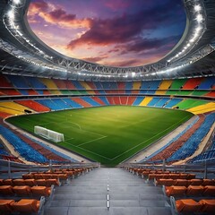 Empty stadium showcasing a well-maintained, lush green playing field under bright lights, football stadium inside view,  stadium background, empty arena in neon light