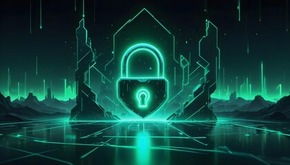 Wall Mural - a glowing green lock icon in the center of a futuristic, sci-fi landscape with geometric shapes and 