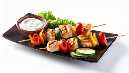 Wall Mural - grilled chicken skewers with vegetables and yogurt dip