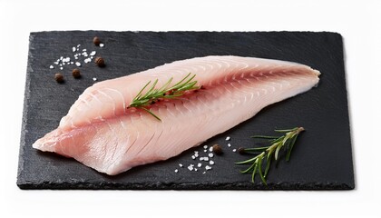 Wall Mural - raw swordfish fillet covered with black pepper and with rosemary sprigs on black slate plate