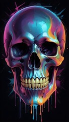 A colorful, abstract skull with vibrant hues of pink, blue, and orange